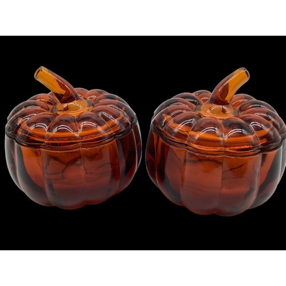 Burnt Orange Colored Heavy Lidded Glass Pumpkins, Set of 2 - Picture 2 of 12